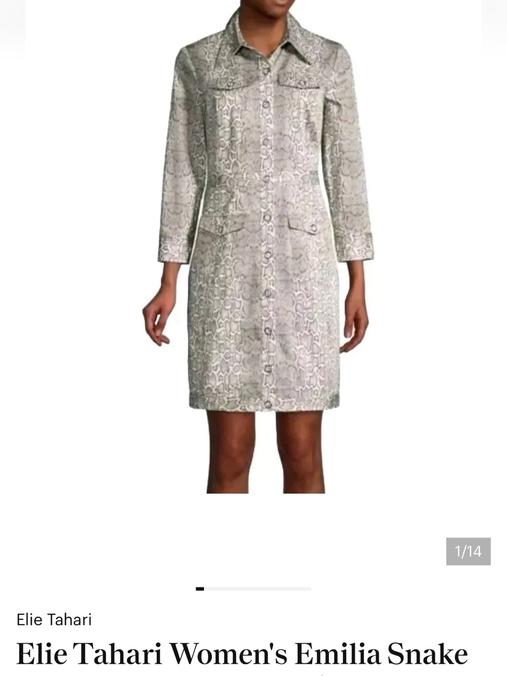 Elie Tahari Gray Snake-Print 3/4 Sleeve Shirt Dress